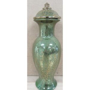Vintage Handcrafted Green & Gold Lusterware Ceramic Ginger Jar Vase with Lid